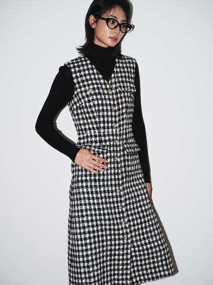 Elara Plaid V-Neck Midi Dress