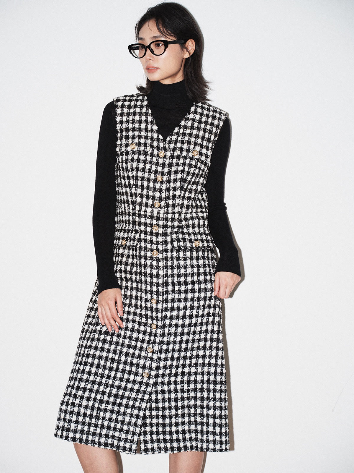 Elara Plaid V-Neck Midi Dress
