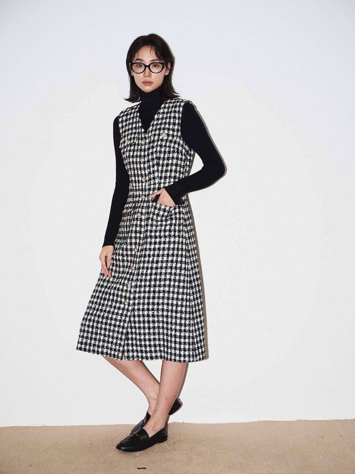 Elara Plaid V-Neck Midi Dress