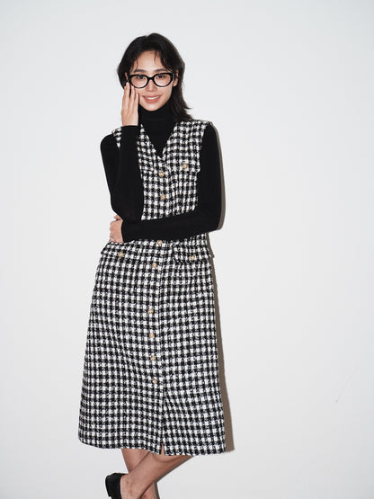 Elara Plaid V-Neck Midi Dress