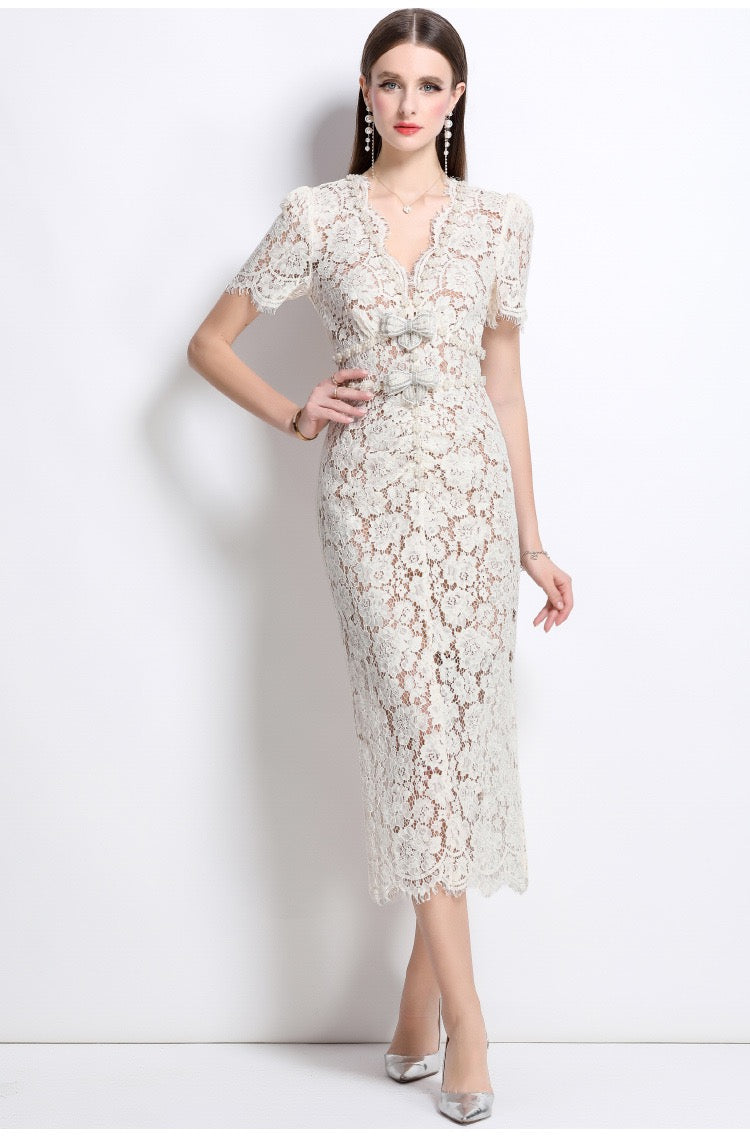 Élodie Lace Embellished Midi Dress