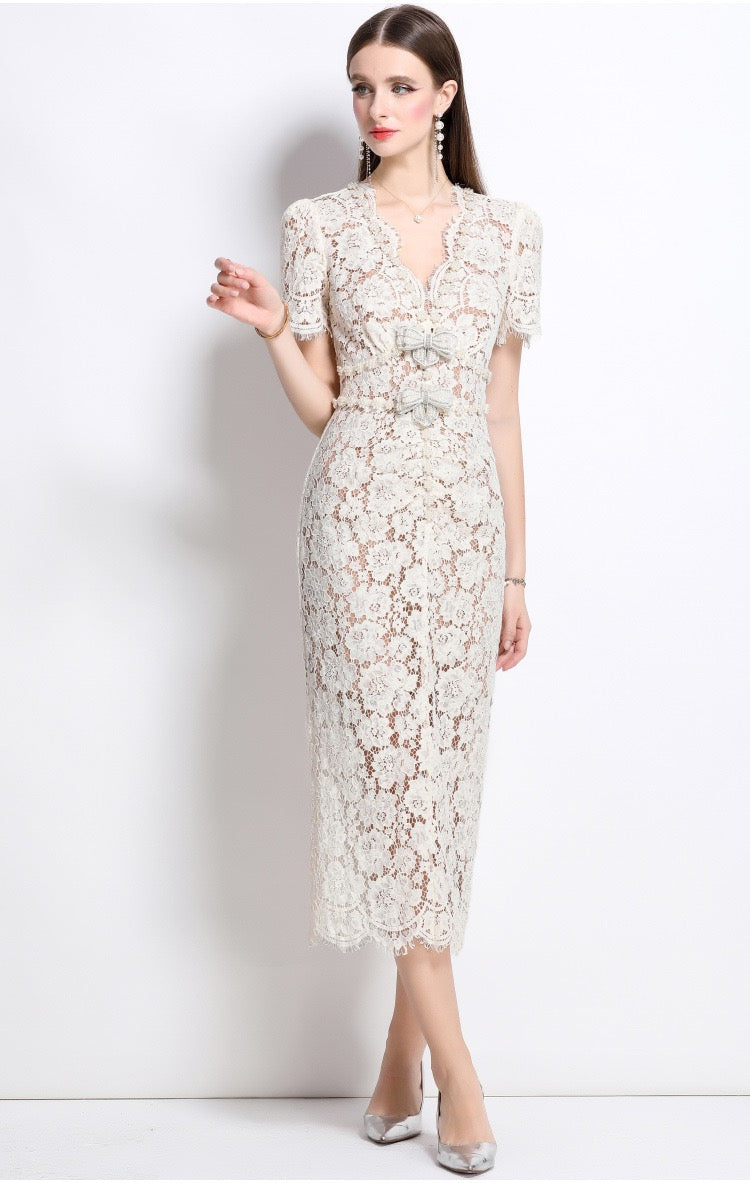 Élodie Lace Embellished Midi Dress