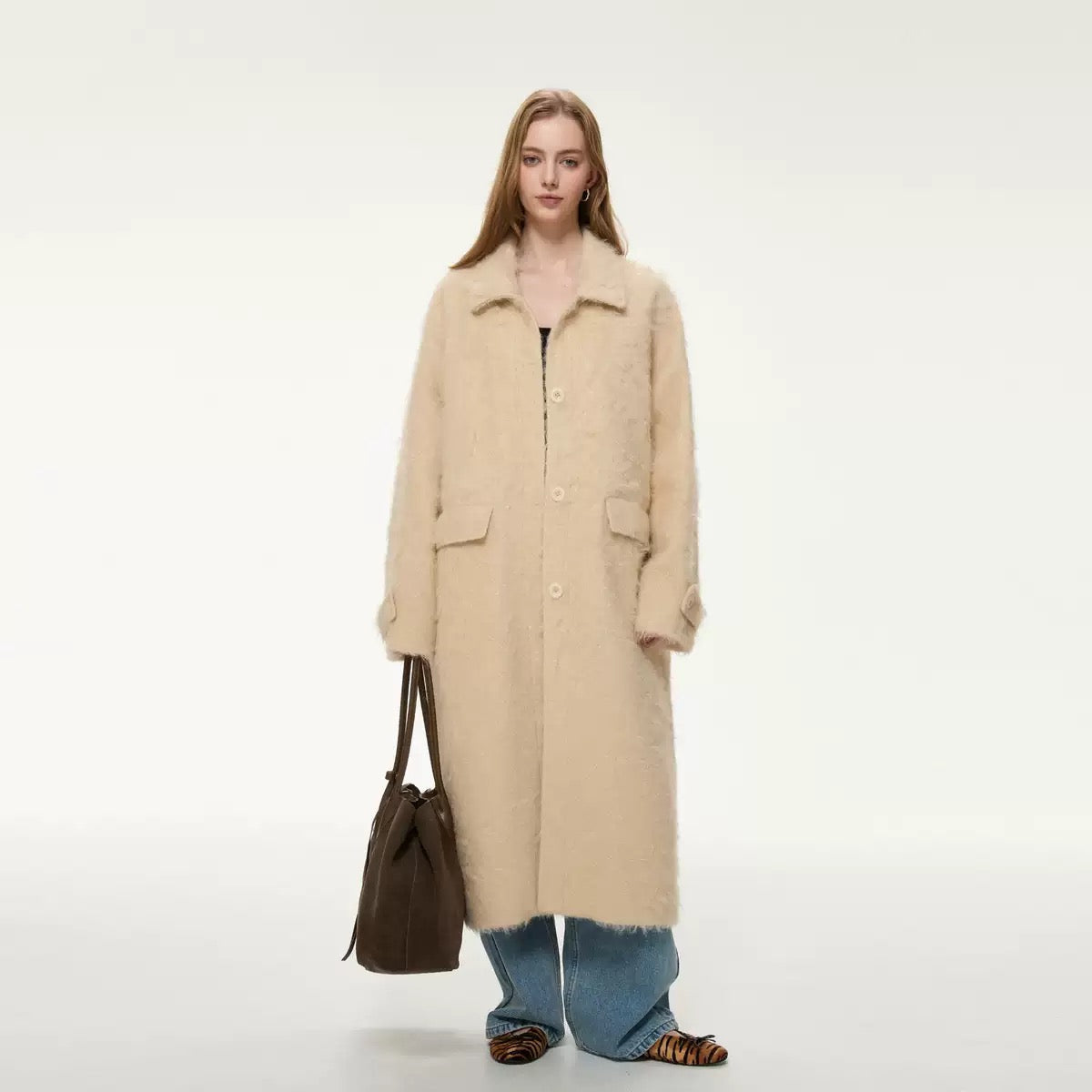 Elodie Wool-Blend Faux Fur Long Coat