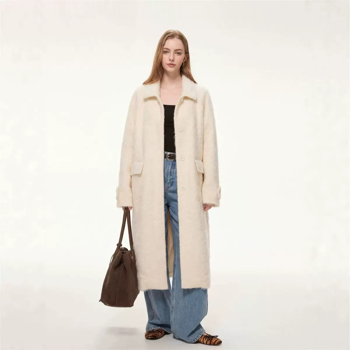 Elodie Wool-Blend Faux Fur Long Coat
