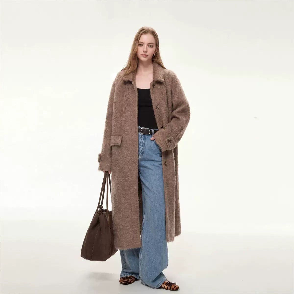 Elodie Wool-Blend Faux Fur Long Coat