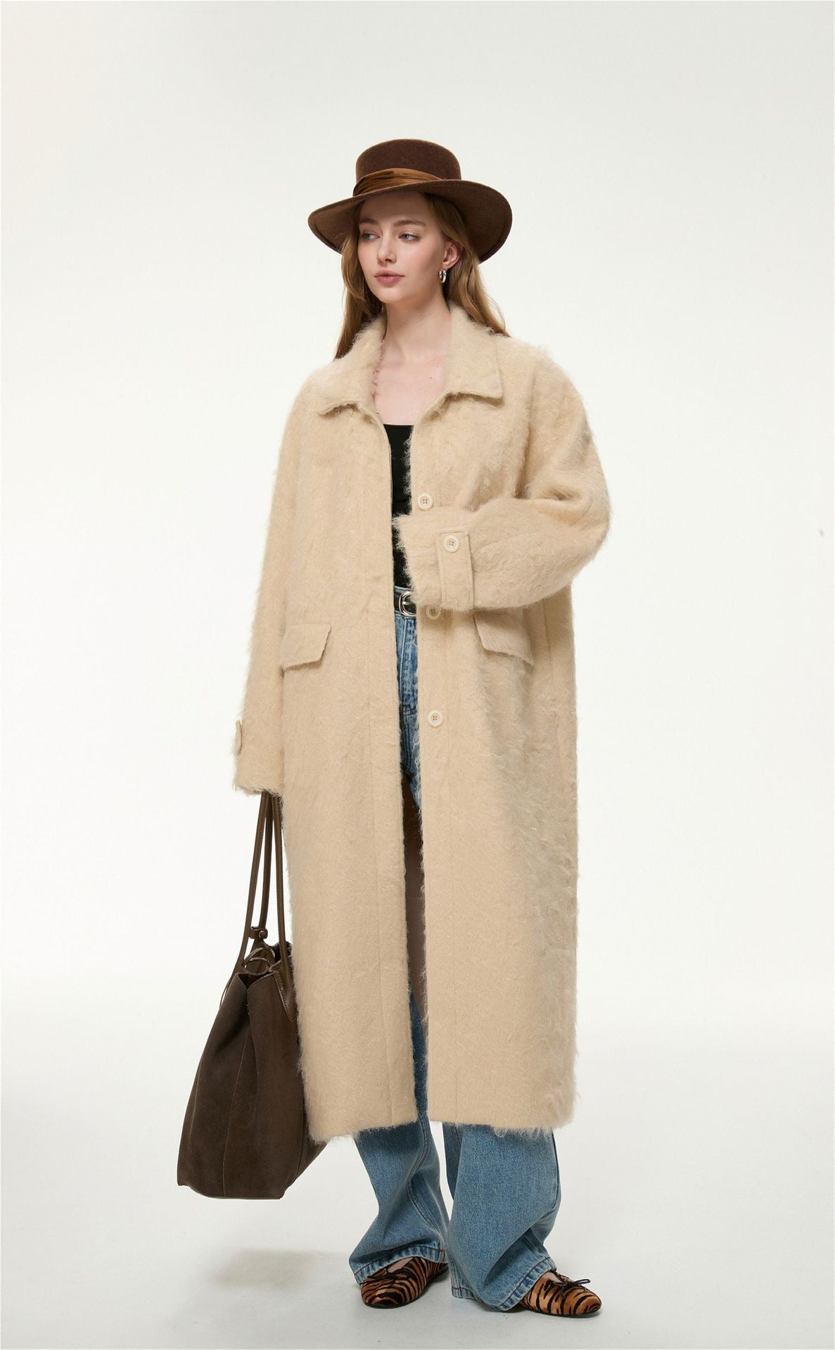 Elodie Wool-Blend Faux Fur Long Coat