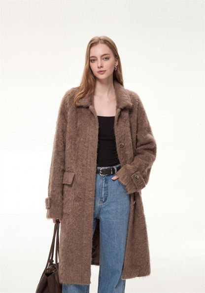 Elodie Wool-Blend Faux Fur Long Coat