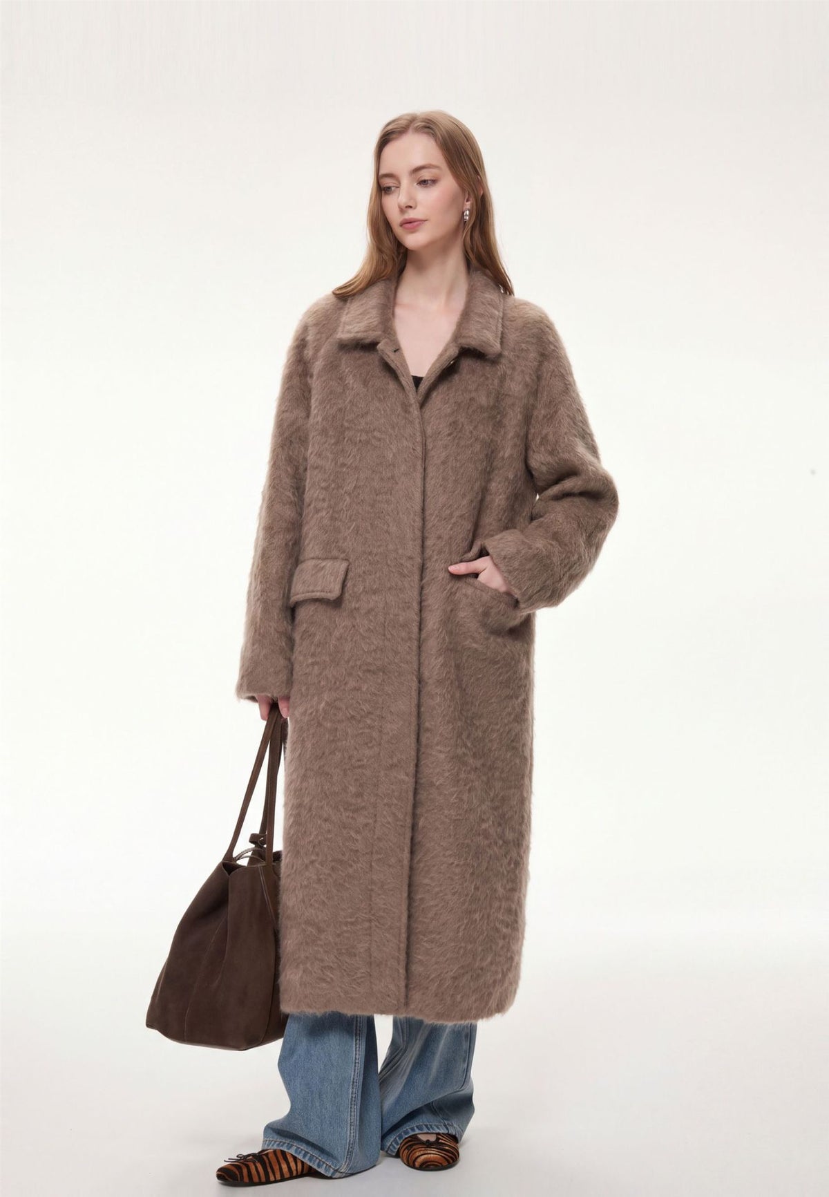 Elodie Wool-Blend Faux Fur Long Coat