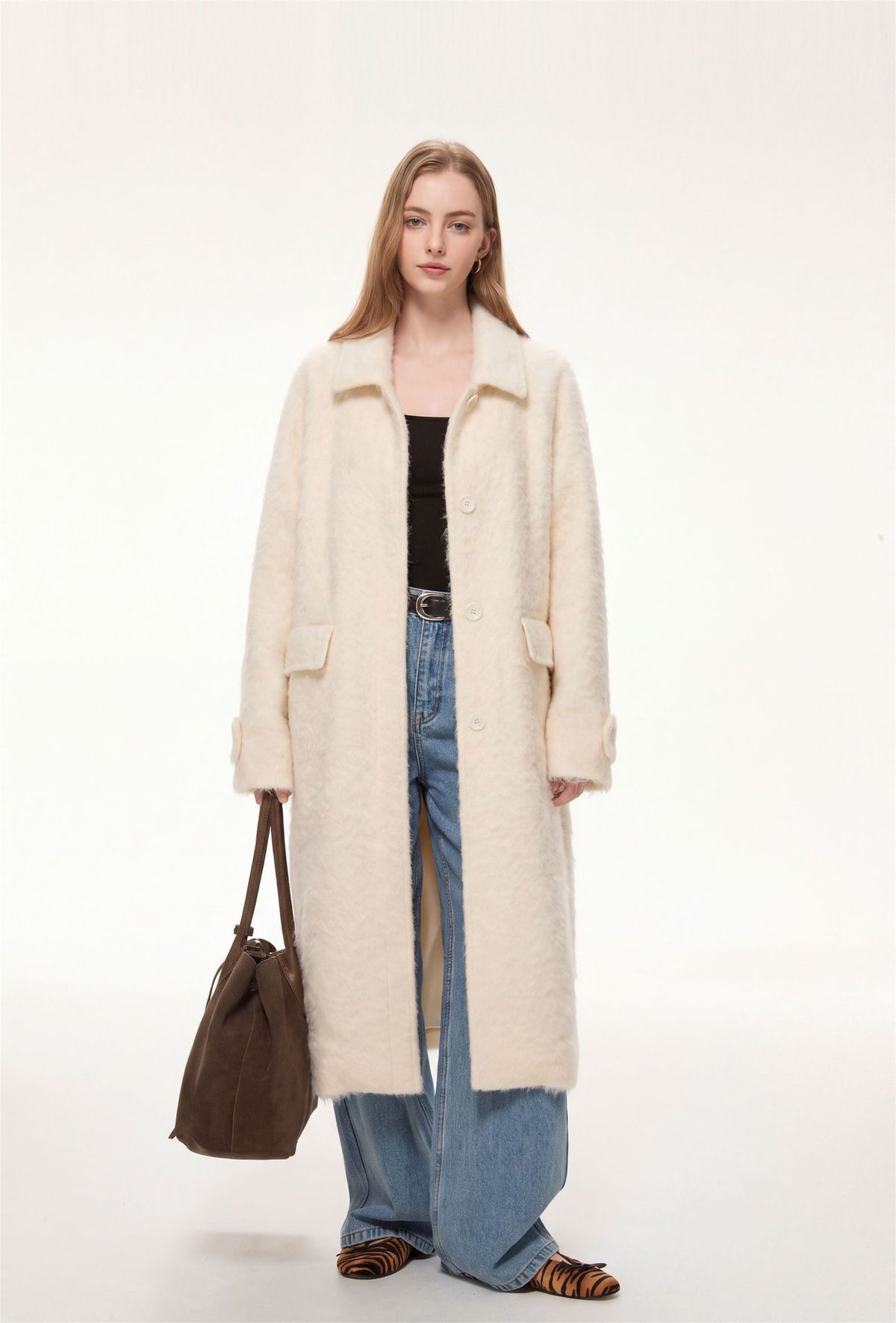 Elodie Wool-Blend Faux Fur Long Coat