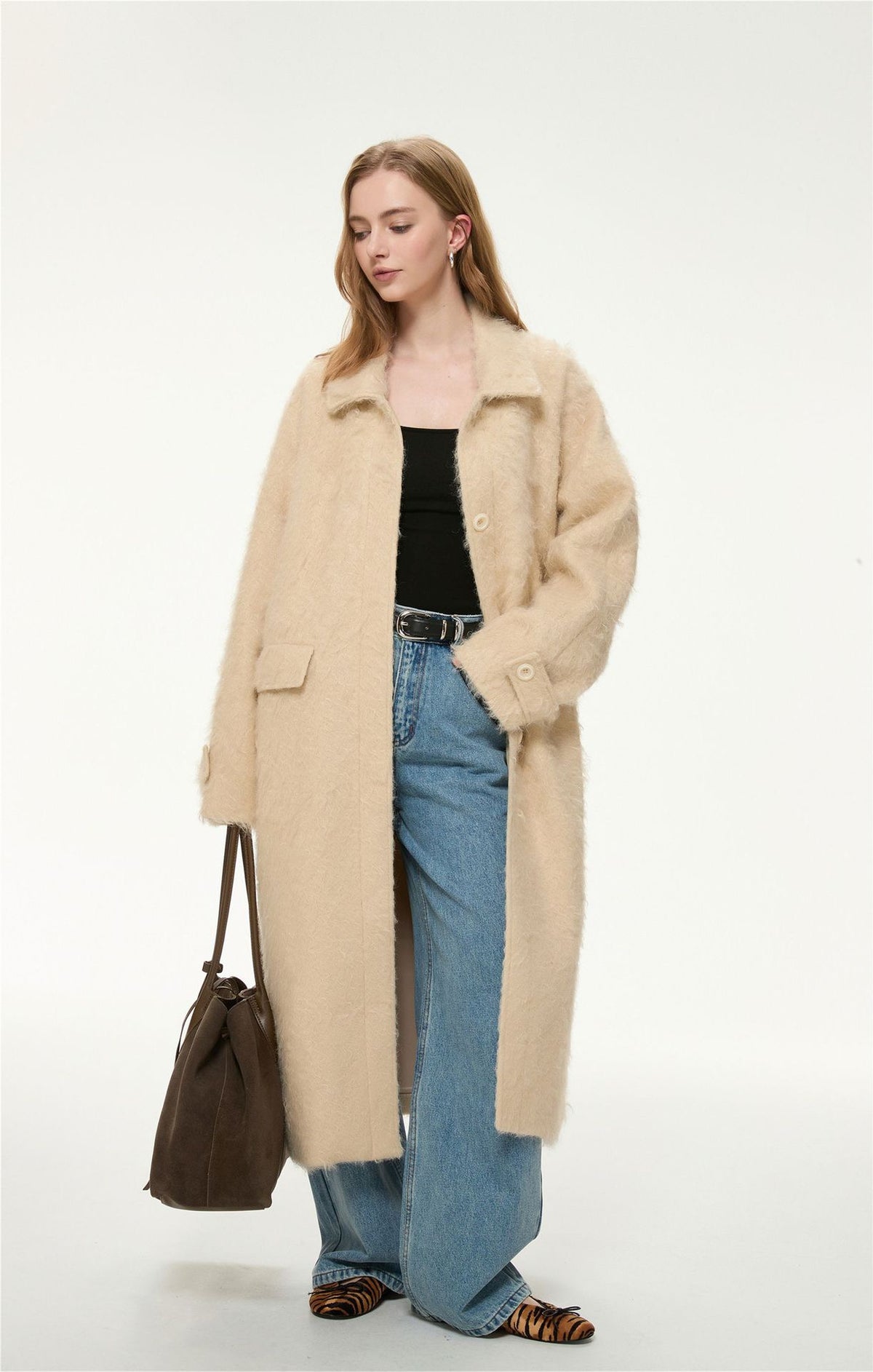 Elodie Wool-Blend Faux Fur Long Coat