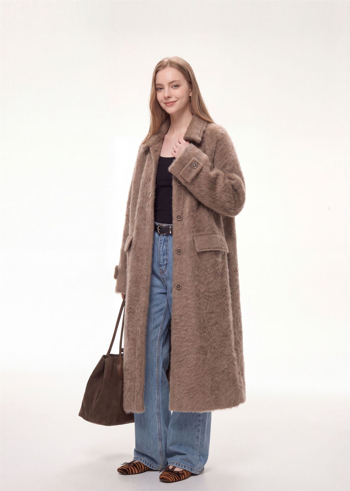 Elodie Wool-Blend Faux Fur Long Coat
