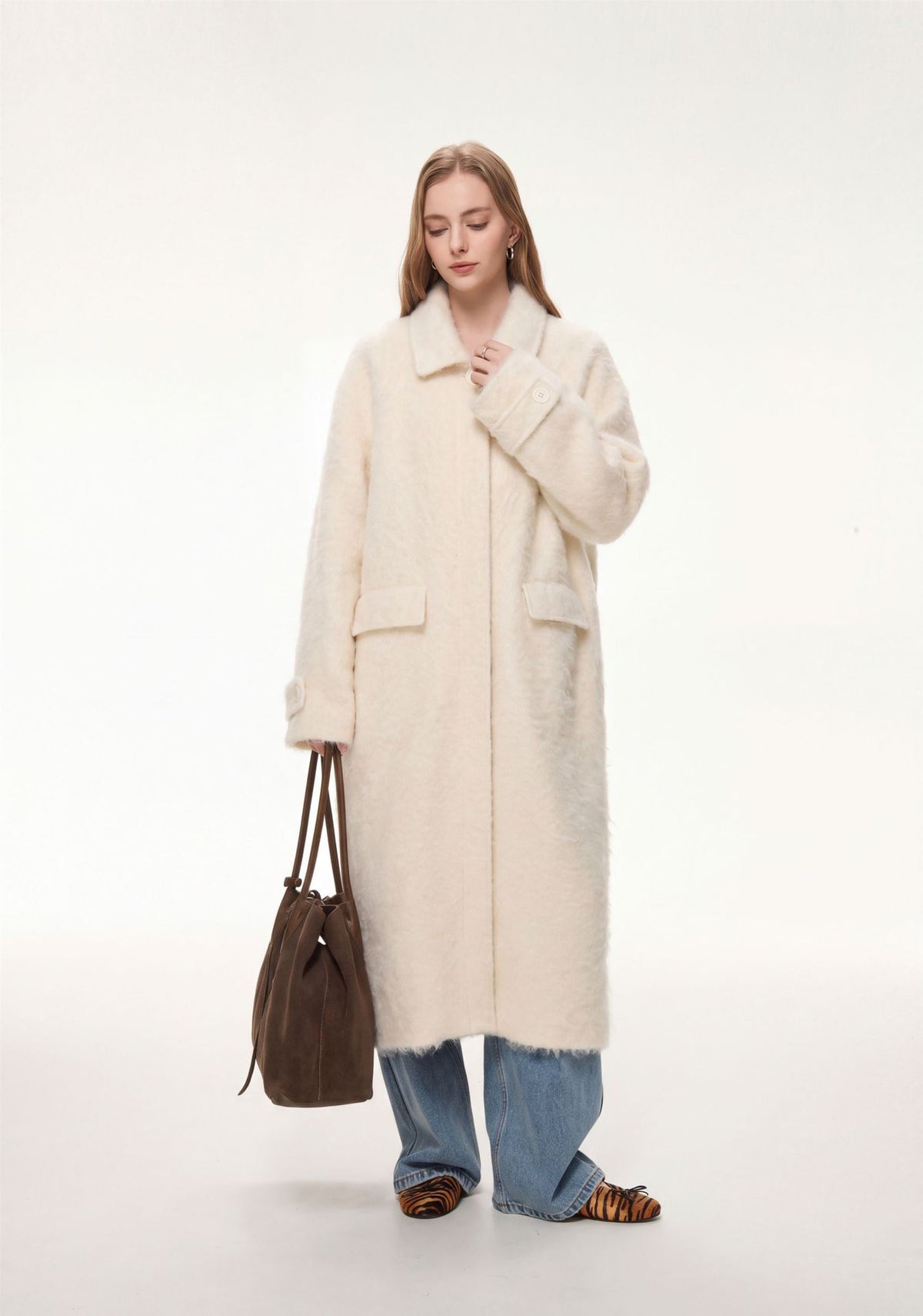 Elodie Wool-Blend Faux Fur Long Coat