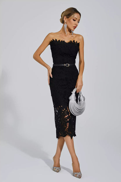 Lace Strapless Midi Evening Dress – Elegant & Captivating