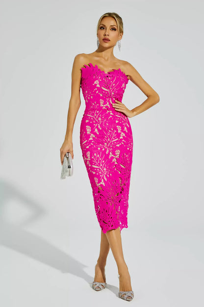 Lace Strapless Midi Evening Dress – Elegant & Captivating