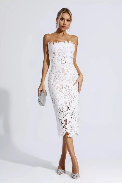 Lace Strapless Midi Evening Dress – Elegant & Captivating