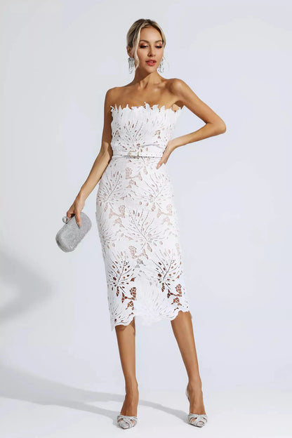 Lace Strapless Midi Evening Dress – Elegant & Captivating