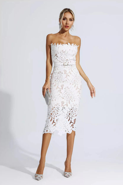 Lace Strapless Midi Evening Dress – Elegant & Captivating