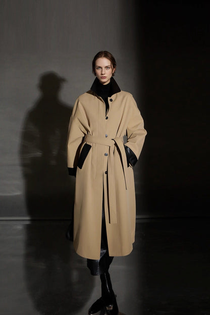 Leather-Trimmed Polo Collar Oversized Long Trench Coat