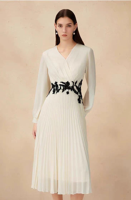 Embroidered Pleated Chiffon Maxi Dress