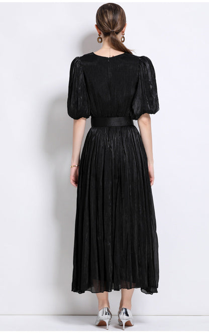 Shimmering Ruched Maxi Dress with Puff Sleeves