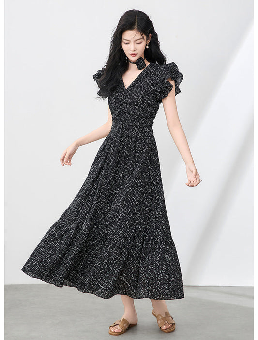Romantic Polka Dot Midi Dress with Ruffle Sleeves and Necklace Detail