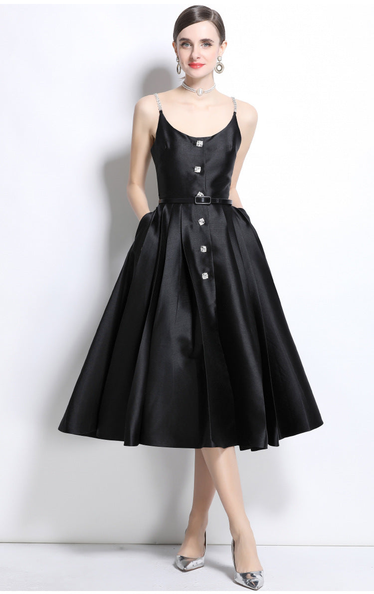 Crystal Strap Pleated Midi Dress
