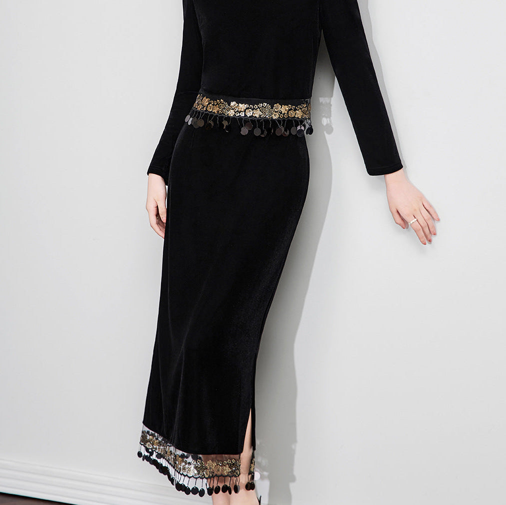 Velvet Fringe Detail Two-Piece Skirt & Top Set
