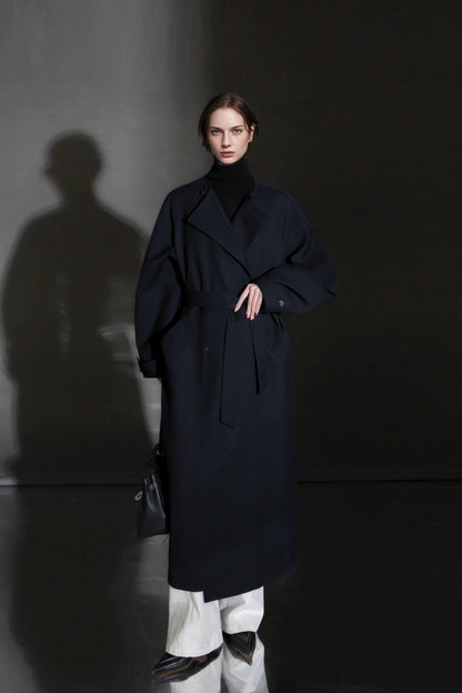 Minimalist Round Neck Wool Blend Trench Coat – Relaxed Fit