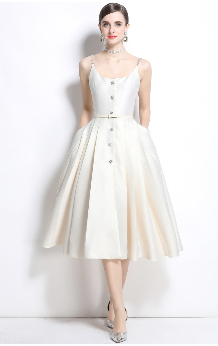 Crystal Strap Pleated Midi Dress
