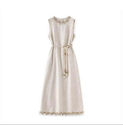 Boho Linen-Tencel Dress with Shell Detail and Removable Buckle Necklace