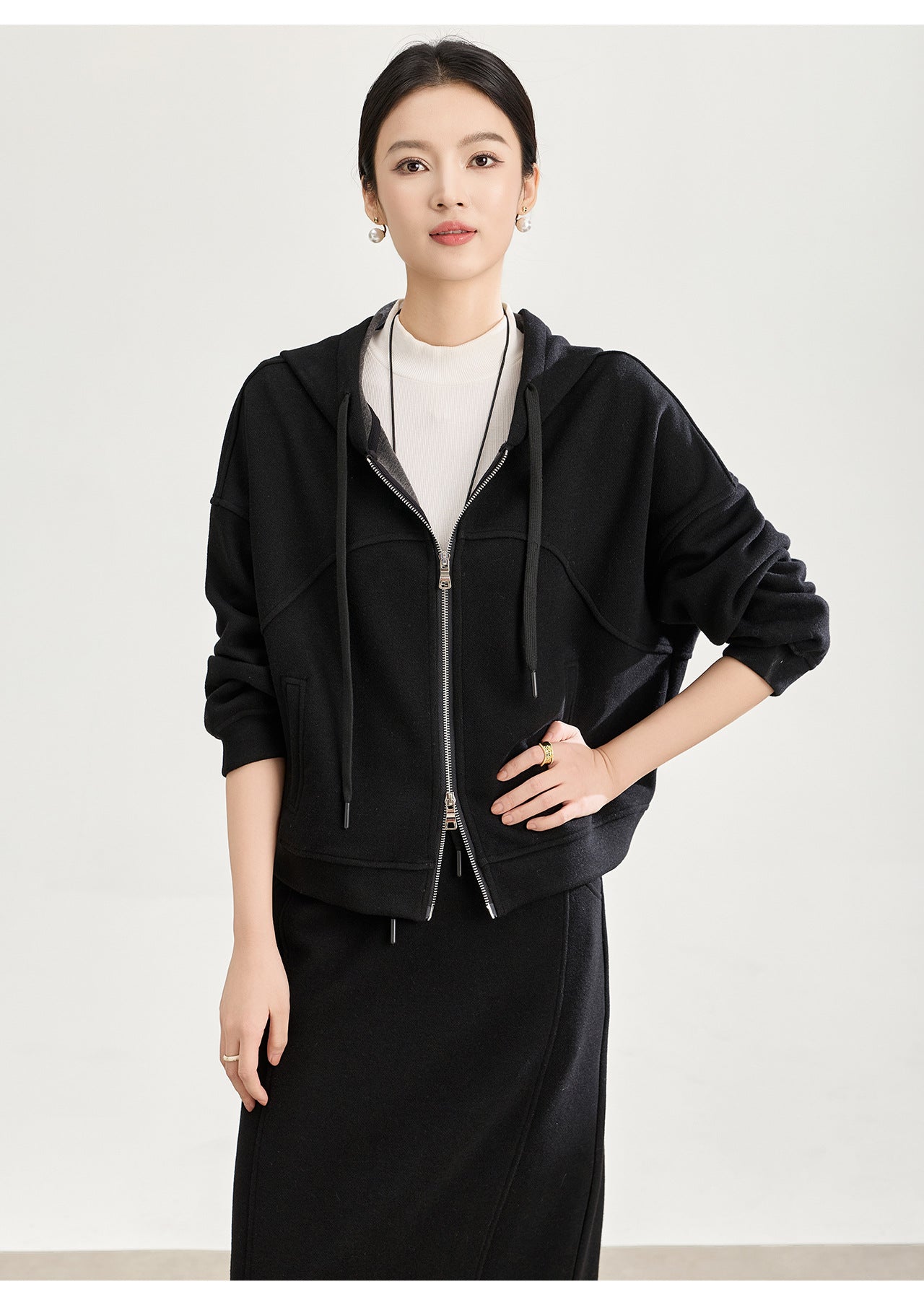 Soft Wool-Blend Hooded Jacket & Elastic Waist Skirt Set