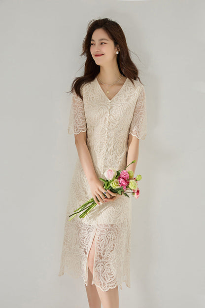 90% Cotton Blend in Soft Ecru Elegant Lace Midi Dress