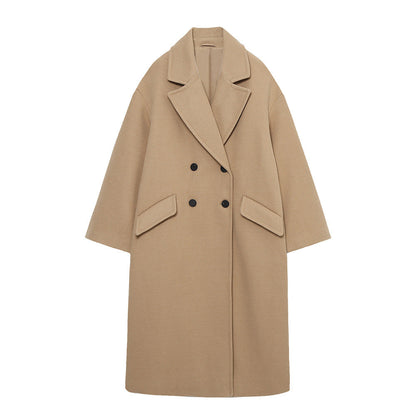 Double-Breasted Cotton Blend Long Coat – Relaxed Fit, Lightweight Warmth
