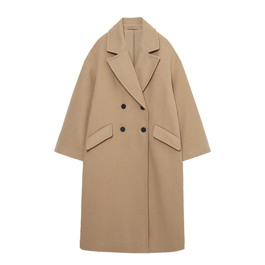 Double-Breasted Cotton Blend Long Coat – Relaxed Fit, Lightweight Warmth