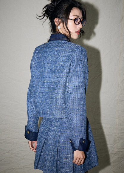 French Retro Pleated Blazer and Skirt Set – Chanel-Inspired Denim Elegance