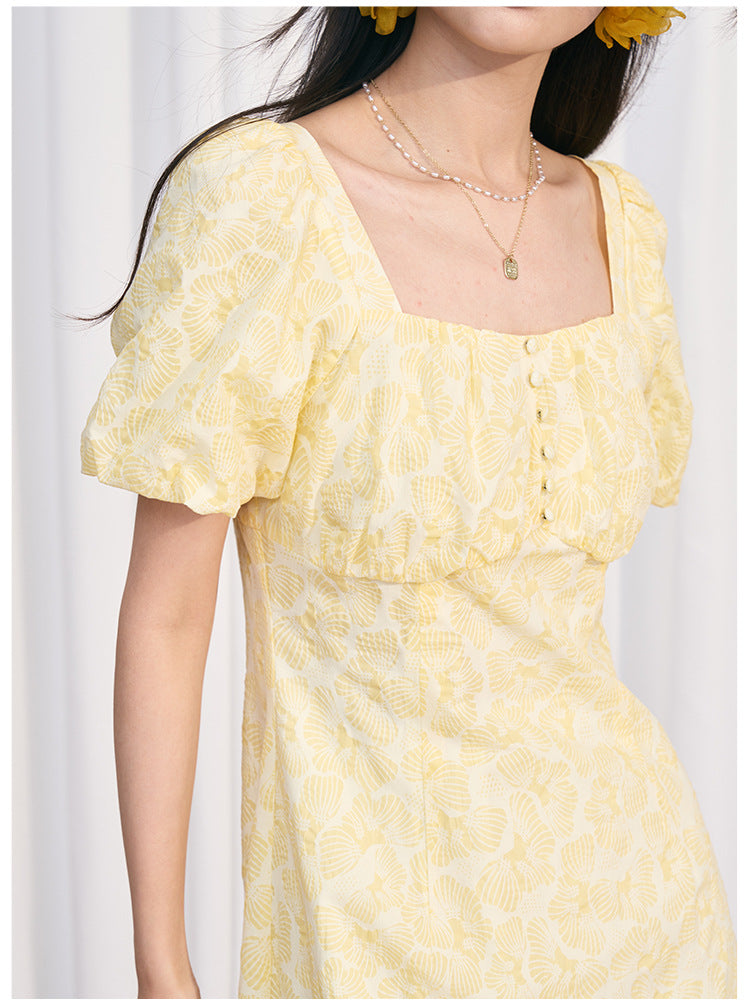 Yellow Square Neck Embossed Floral Cotton Midi Dress