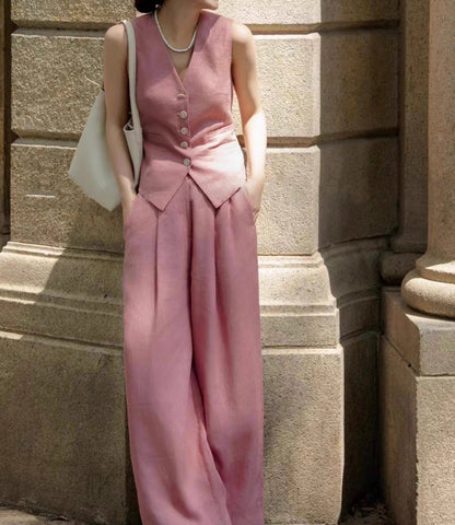 Pink Linen Vest & Wide-Leg Trousers Set – Elegant, Breezy, Timeless