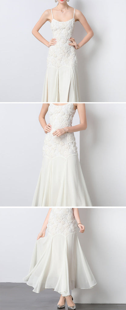 French Rose Embroidered Mermaid Strappy Maxi Dress