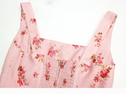 Pink Linen Summer Dress with Square Neckline – French Retro Vibes