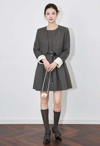 Modern Color-Block Jacket & Chanel-Inspired Pleated Dress Set
