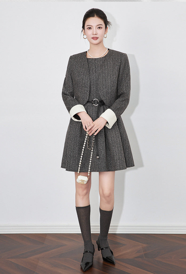 Modern Color-Block Jacket & Chanel-Inspired Pleated Dress Set