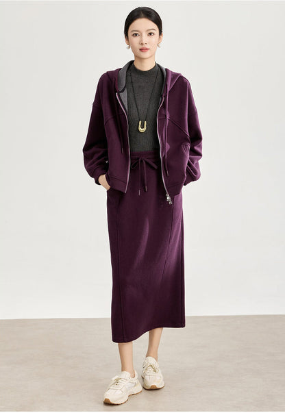 Soft Wool-Blend Hooded Jacket & Elastic Waist Skirt Set