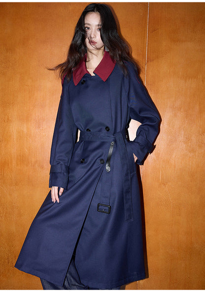 Contrast Detail Retro Mid-Length Loose Trench Coat
