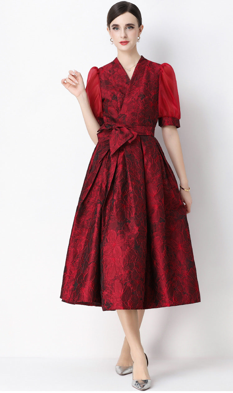 Jacquard Puff Sleeve V-Neck Maxi Dress