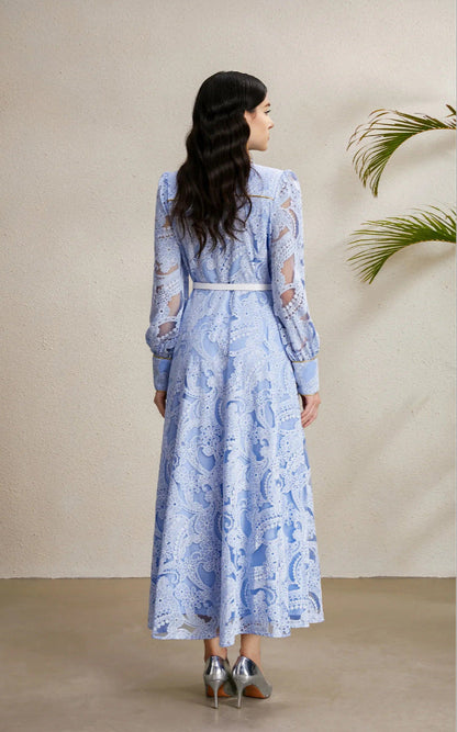 Beaded Lace Maxi Dress with Gold Trim – Elegant Retro Gown