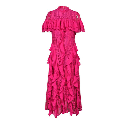 Frilled Short Sleeve Lace-Trim Lotus Dress