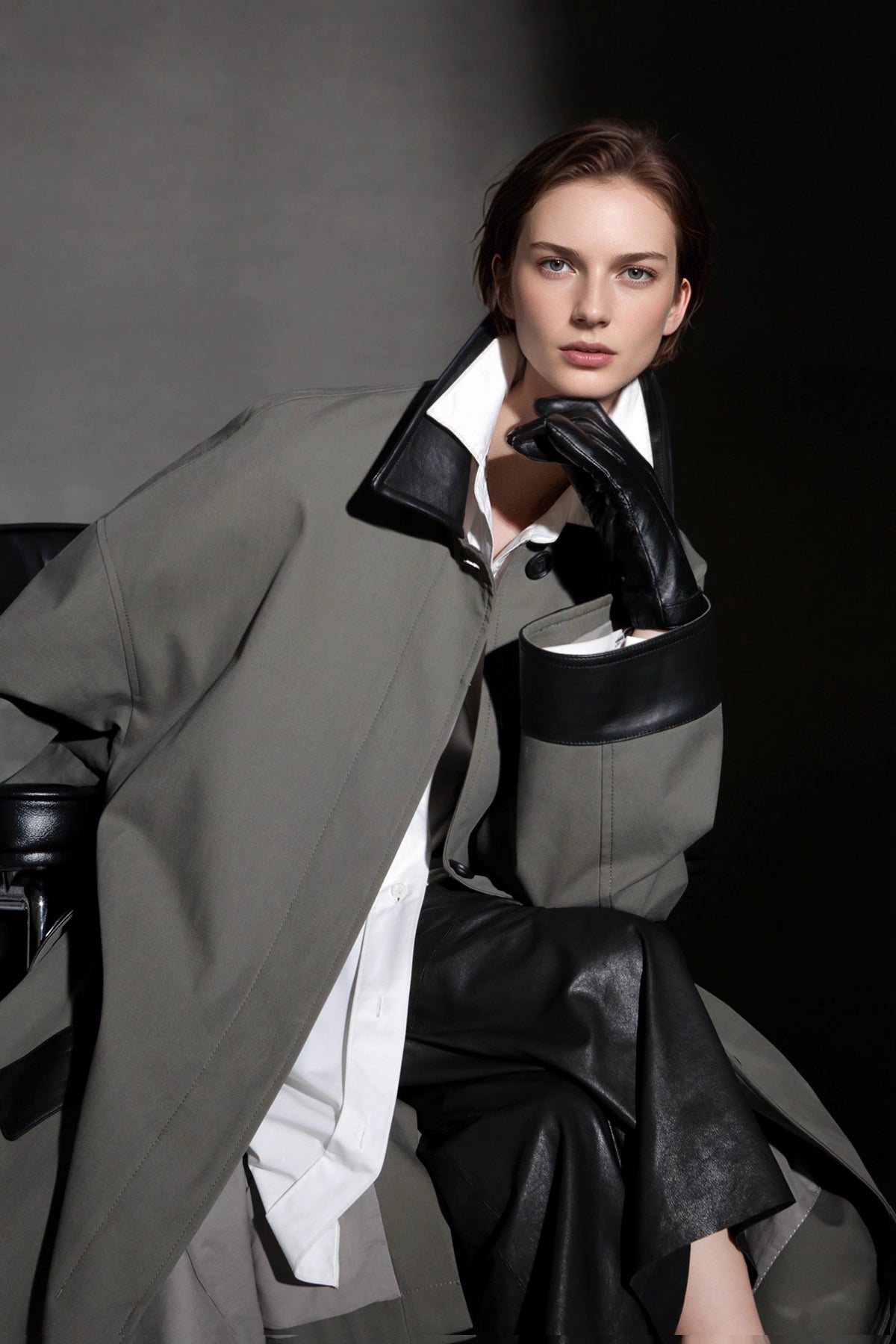 Leather-Trimmed Polo Collar Oversized Long Trench Coat