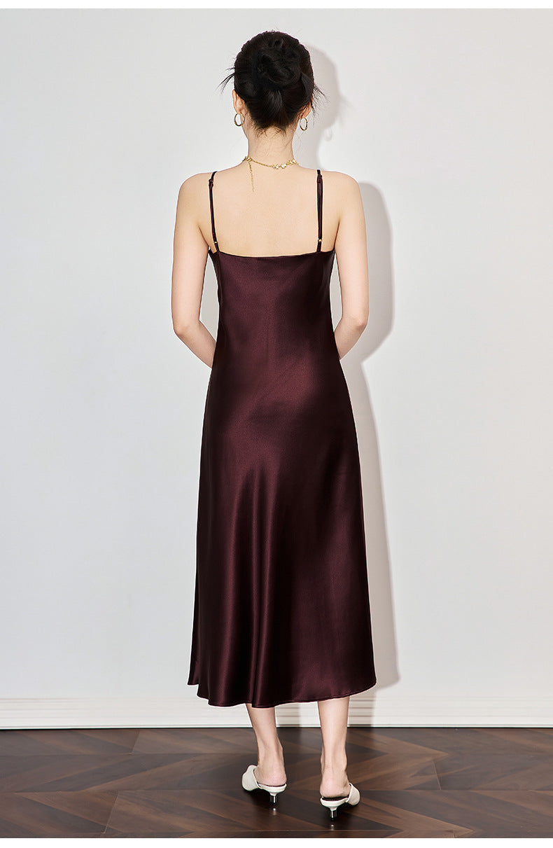 Satin-Texture Acetate Slip Dress with Spaghetti Straps