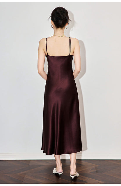 Satin-Texture Acetate Slip Dress with Spaghetti Straps