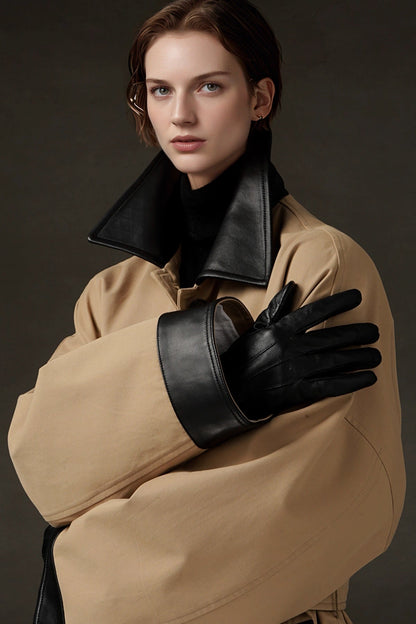 Leather-Trimmed Polo Collar Oversized Long Trench Coat